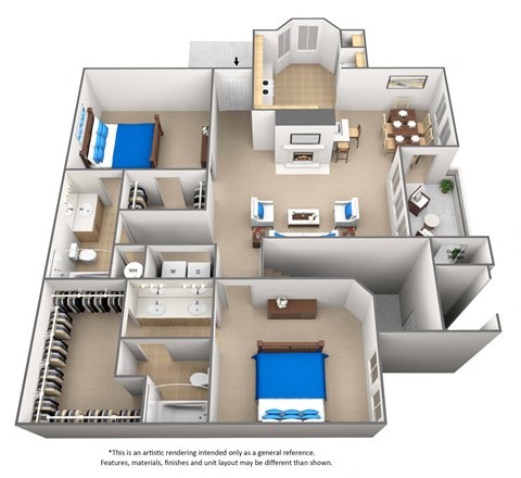Floor plan for 2 beds, 2 baths, 1289 sqft